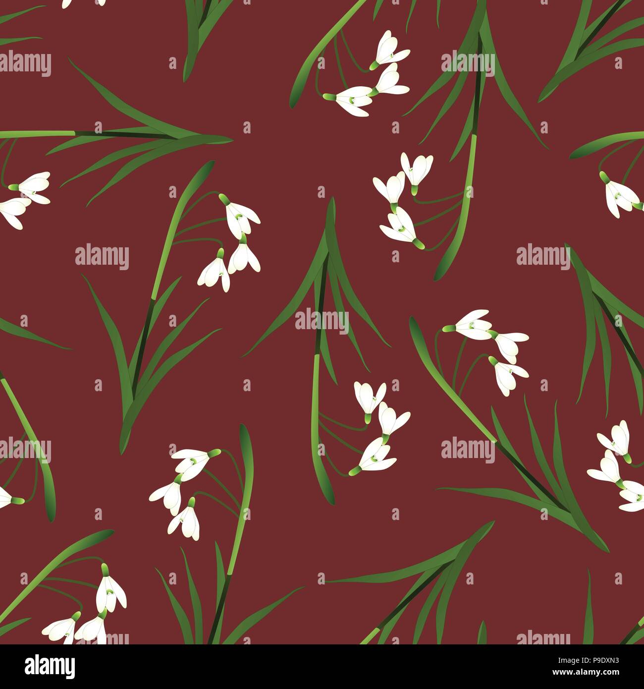 White Snowdrop Seamless on Red Background. Vector Illustration. Stock Vector