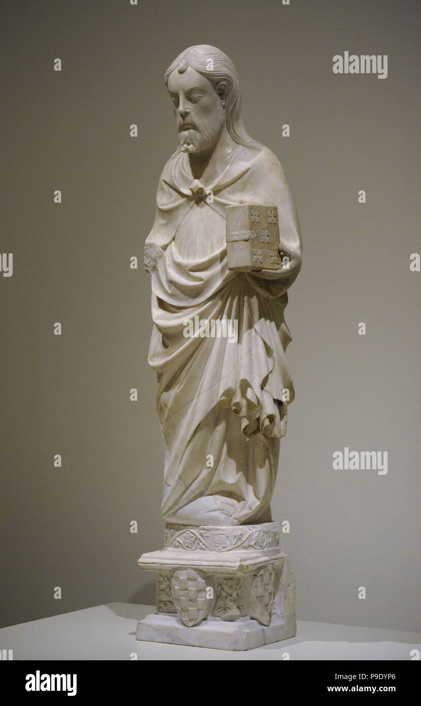 Guillem Timor (14th century). Spanish sculptor. Sculpture of an Evangelist, mid 14th century. Alabaster. Probably from the Chapel of The Evangelists. Church of the Monastery of Santa Maria de Poblet, Vimbodi, Tarragona province. National Art Museum of Catalonia. Barcelona. Catalonia. Spain. Stock Photo