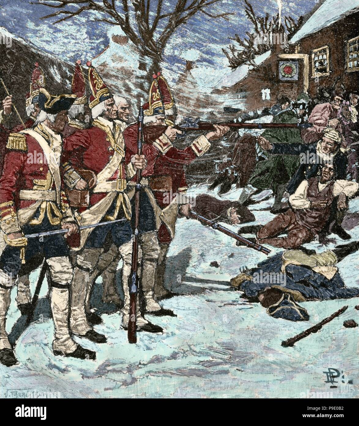 American Revolutionary War (1775-1783). The Boston Massacre or Boston riot (1770). British redcoats killed five civilian men. Engraving. Colored. Stock Photo