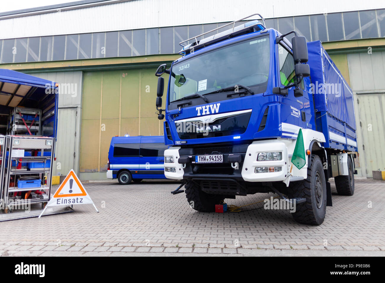 FELDKIRCHEN / Germany - JUNE 9, 2018: German technical emergency service truck stands on a platform at open day. Technisches Hilfswerk, THW means tech Stock Photo