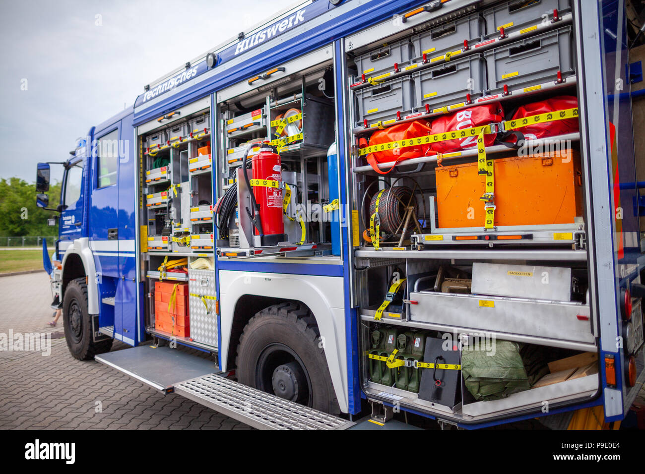 FELDKIRCHEN / Germany - JUNE 9, 2018: German technical emergency service truck stands on a platform at open day. Technisches Hilfswerk, THW means tech Stock Photo