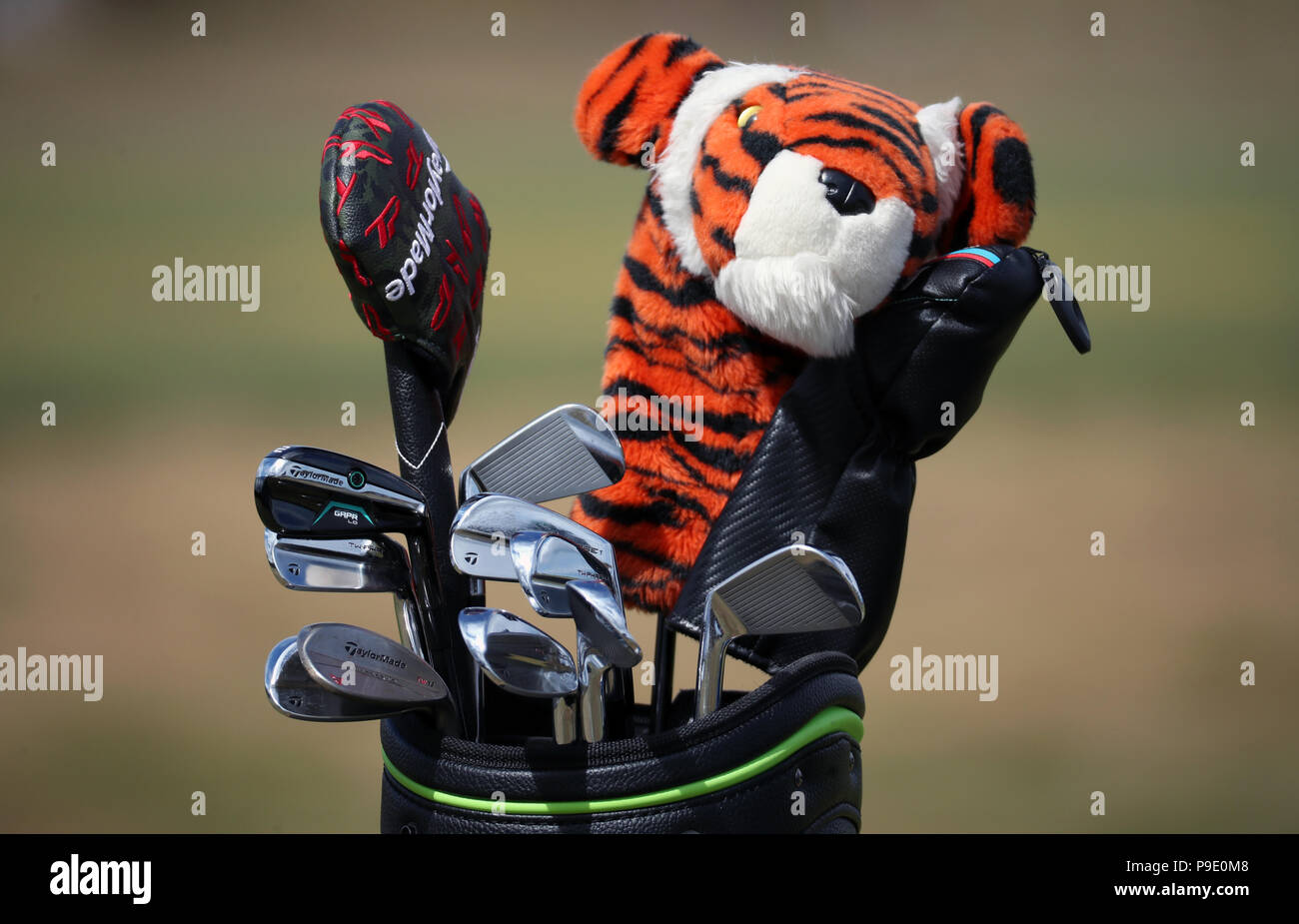 General view of USA's Tiger Woods' golf bag during preview day three of The  Open Championship 2018 at Carnoustie Golf Links, Angus. PRESS ASSOCIATION  Photo. Picture date: Tuesday July 17, 2018. See