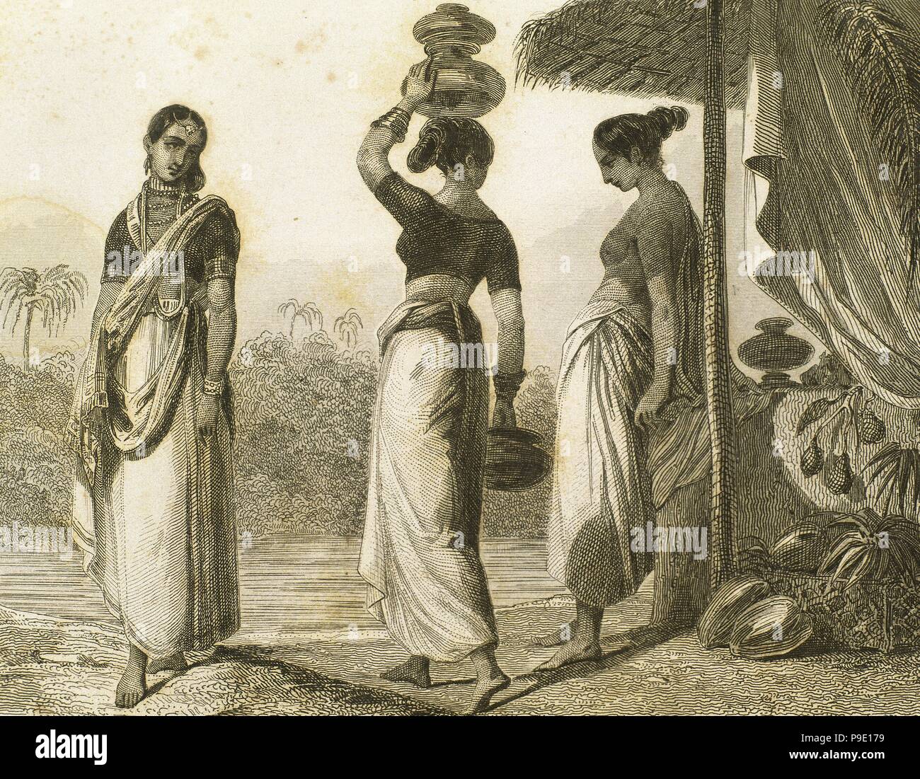 India. Women belonging to a different social classes. Lemaitre direxit. Engraving. Anonymous. 'Panorama Universal, India, 1845.'. Stock Photo