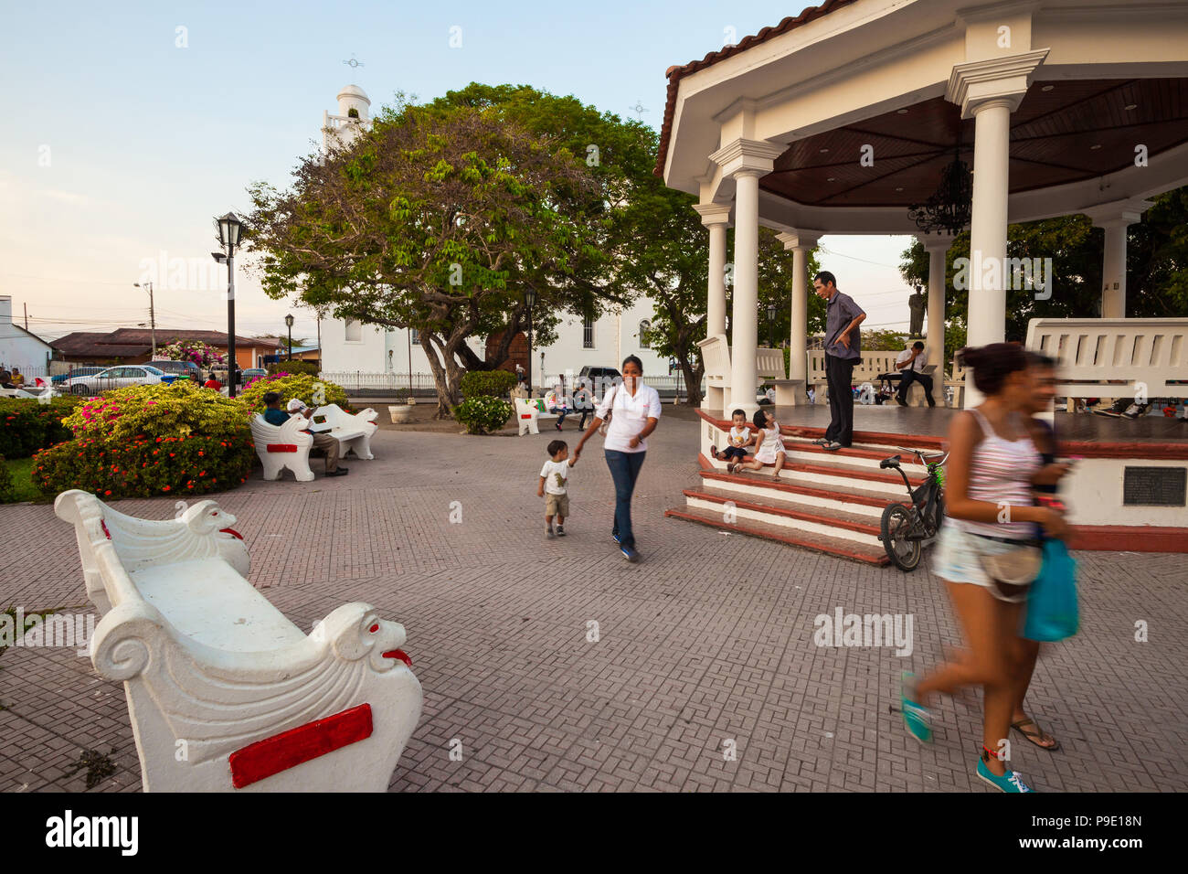 People enjoying the evening in the park in Penonome, Cocle province, Republic of Panama. Stock Photo