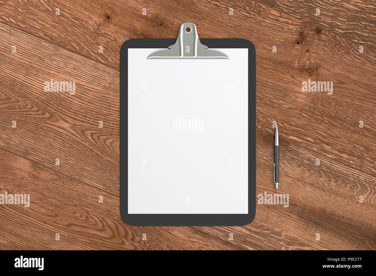 Black clipboard with blank white paper pages and ball pen isolated on ...