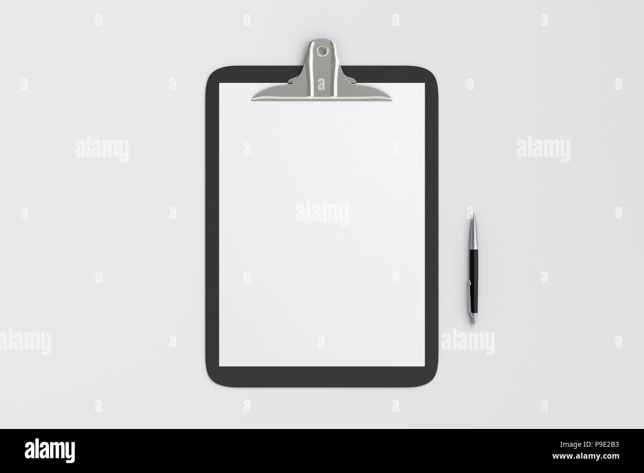 Black clipboard with blank white paper pages and ball pen isolated on ...