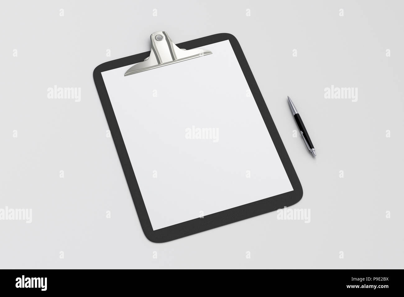 Black clipboard with blank white paper pages and ball pen isolated on ...