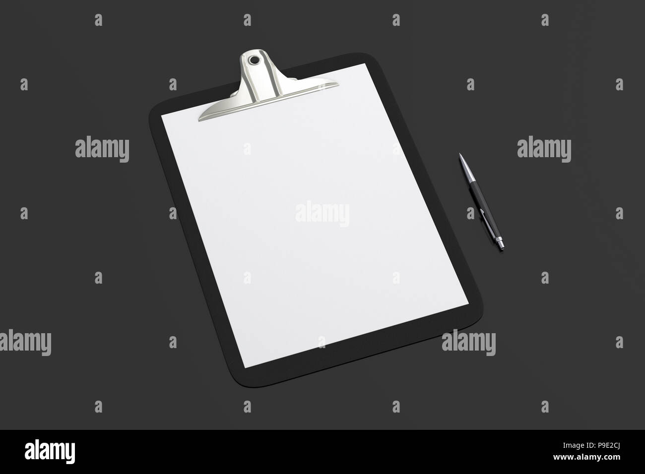 Black clipboard with blank white paper pages and ball pen isolated on ...