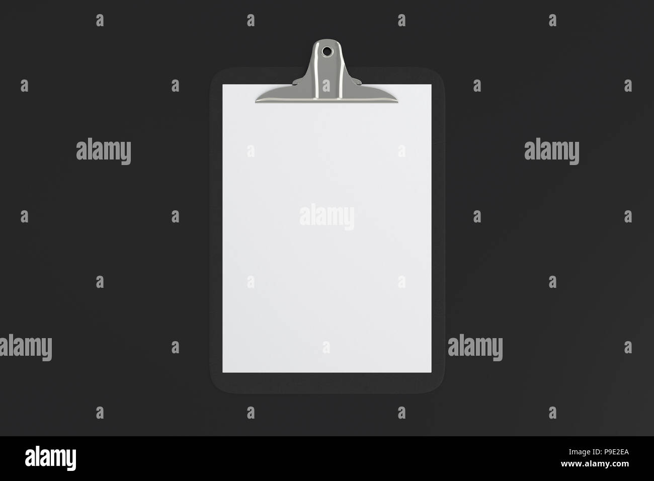 Black clipboard with blank white paper pages isolated on black ...