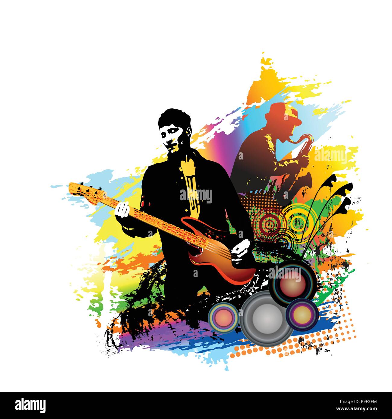 Music festival background for party, concert, jazz, rock festival design with musicians, guitarist and saxophone player Stock Vector