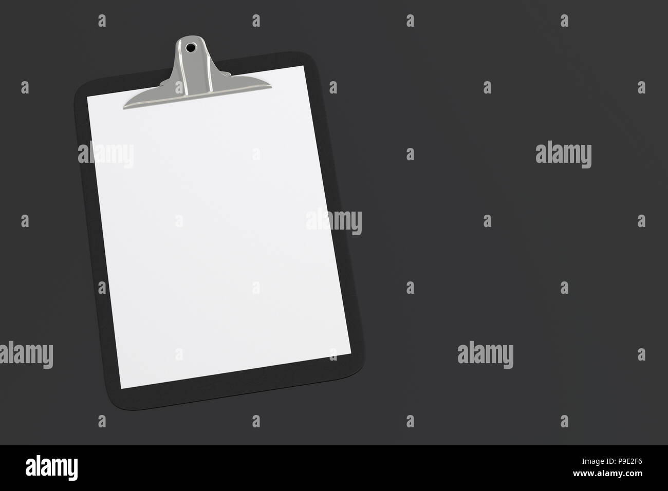 Black clipboard with blank white paper pages isolated on black ...