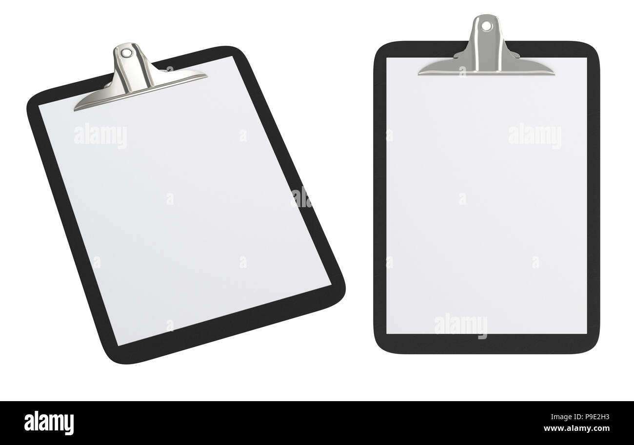 Two black clipboards with blank white paper pages isolated on white ...