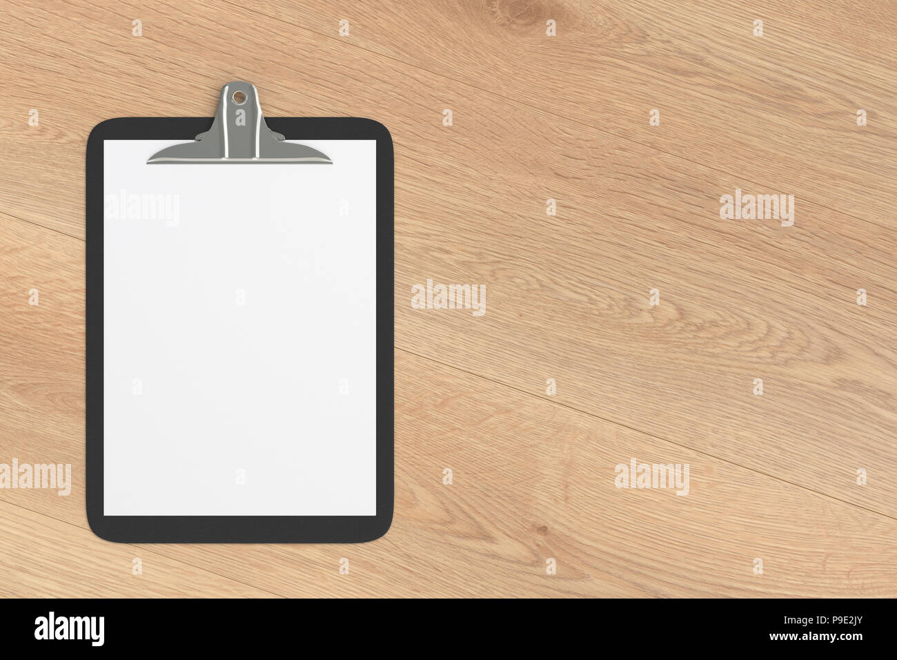Black clipboard with blank white paper pages isolated on wooden ...