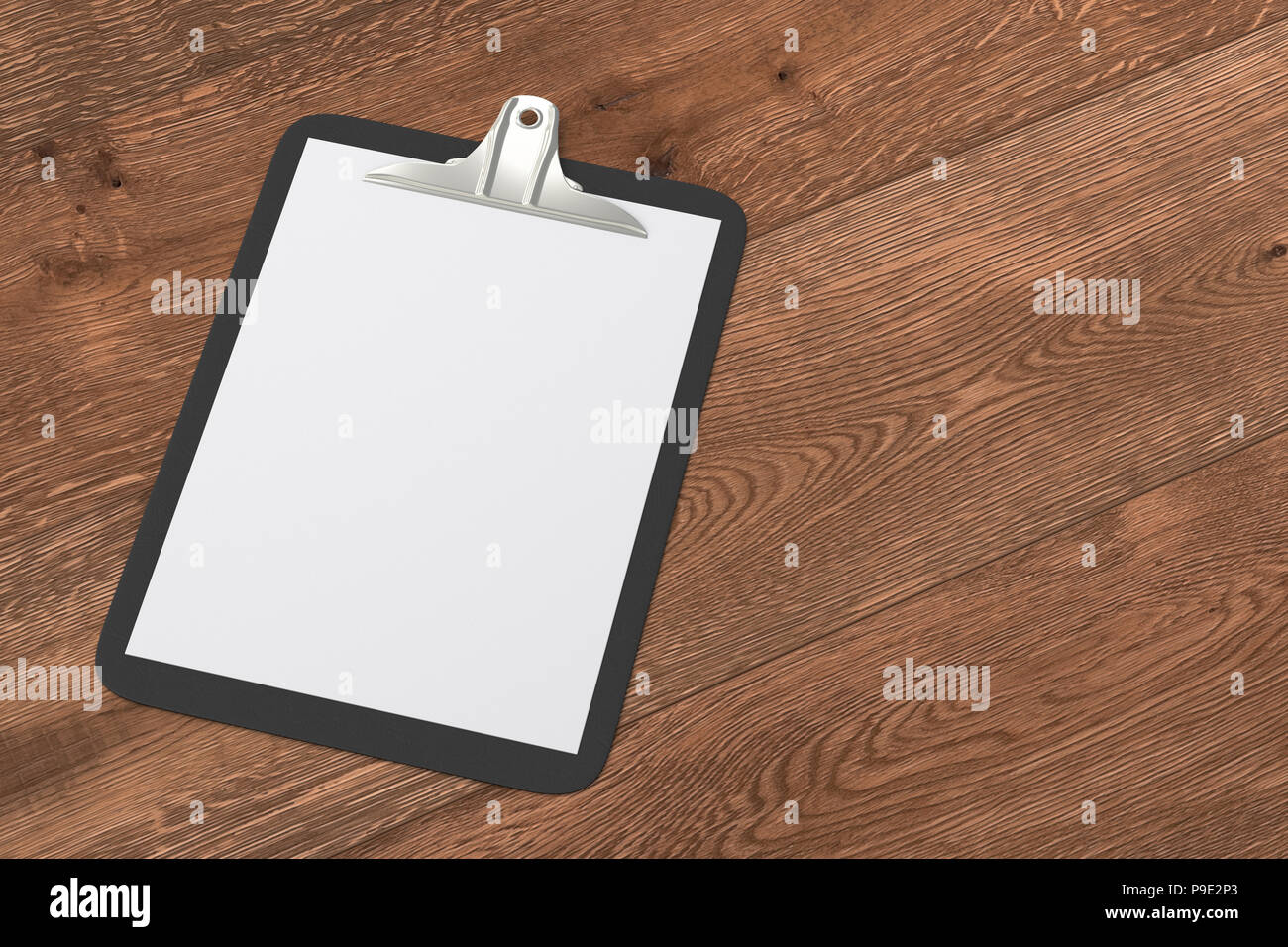 Black clipboard with blank white paper pages isolated on wooden ...