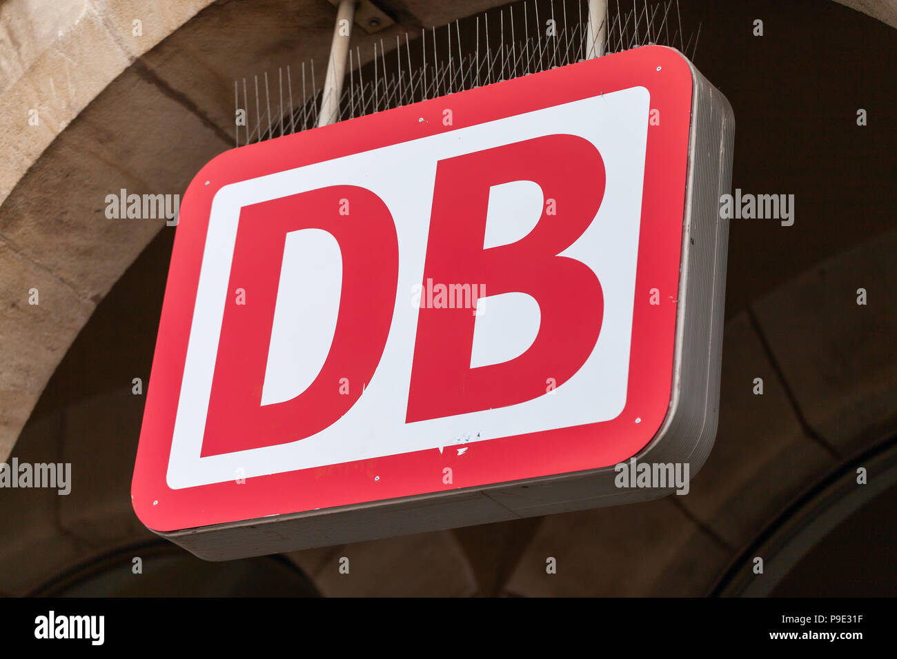FUERTH / GERMANY - MARCH 11, 2018: Deutsche Bahn emblem hangs on german train station in Fuerth, near Nuernberg. Deutsche Bahn AG (abbreviated as DB,  Stock Photo