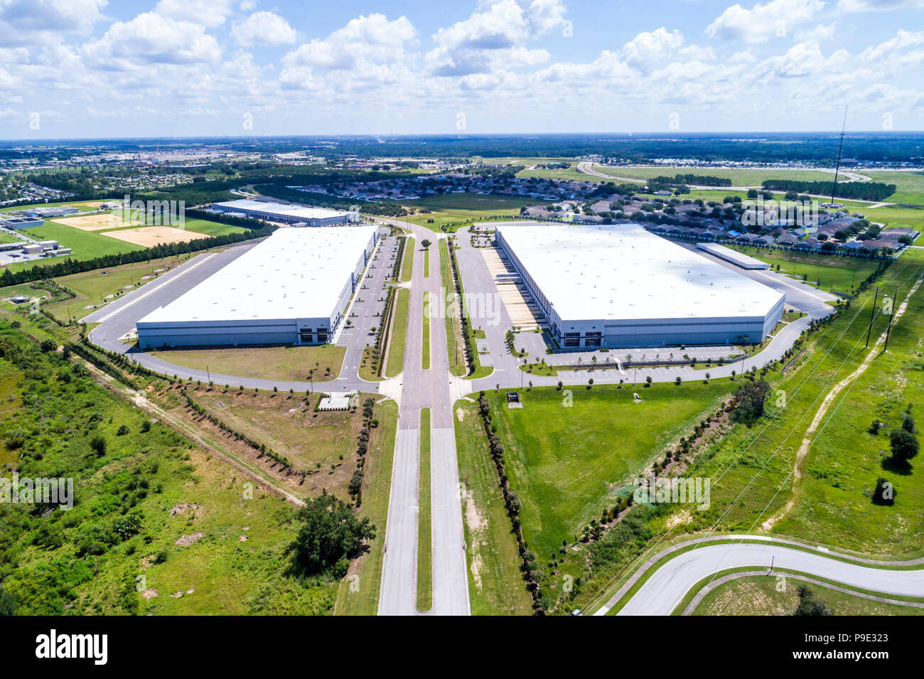 Florida, Orlando, Davenport, vacant industrial park warehouses warehouse, aerial overhead bird's