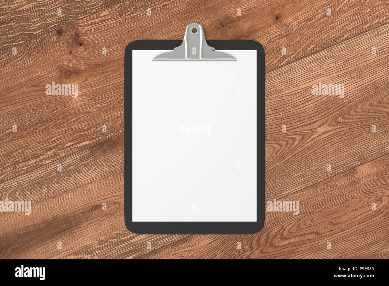 Black clipboard with blank white paper pages isolated on wooden ...