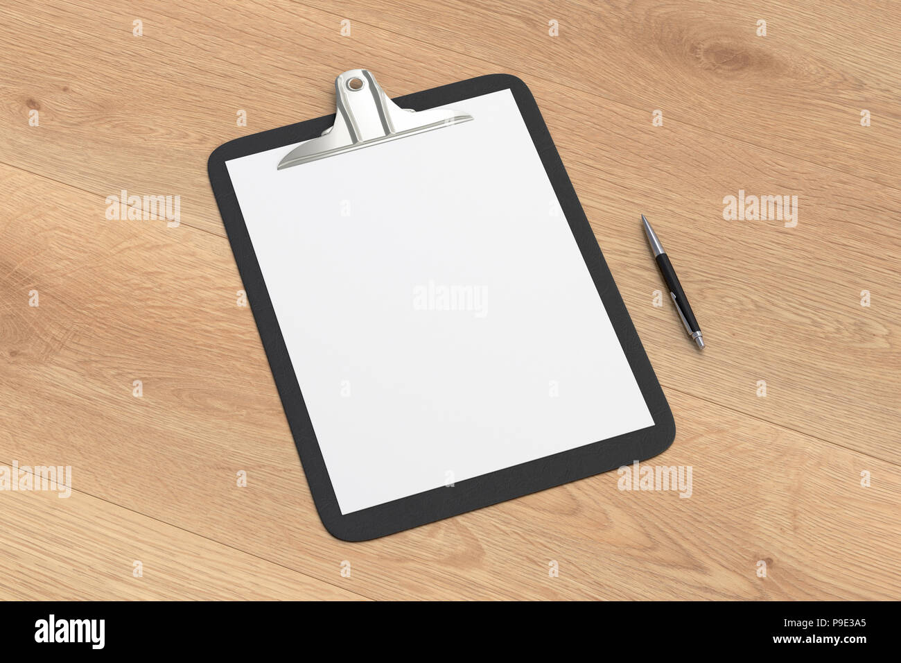 Black clipboard with blank white paper pages and ball pen isolated on ...