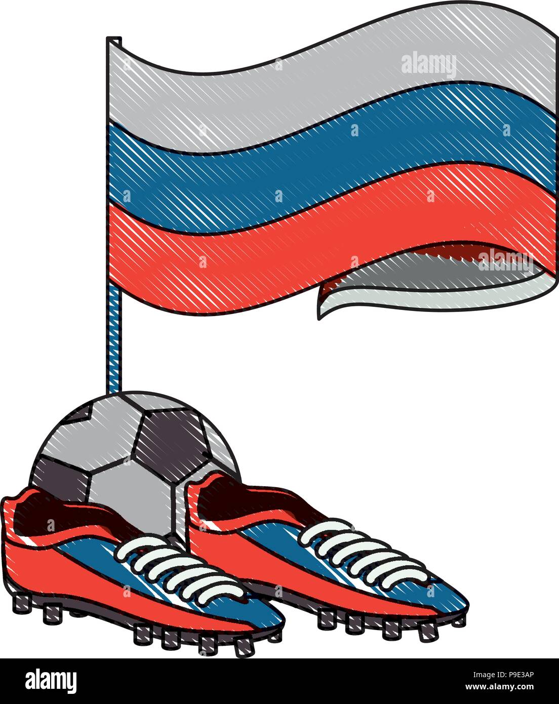 Russia flag with football boots and ball icon over white background ...