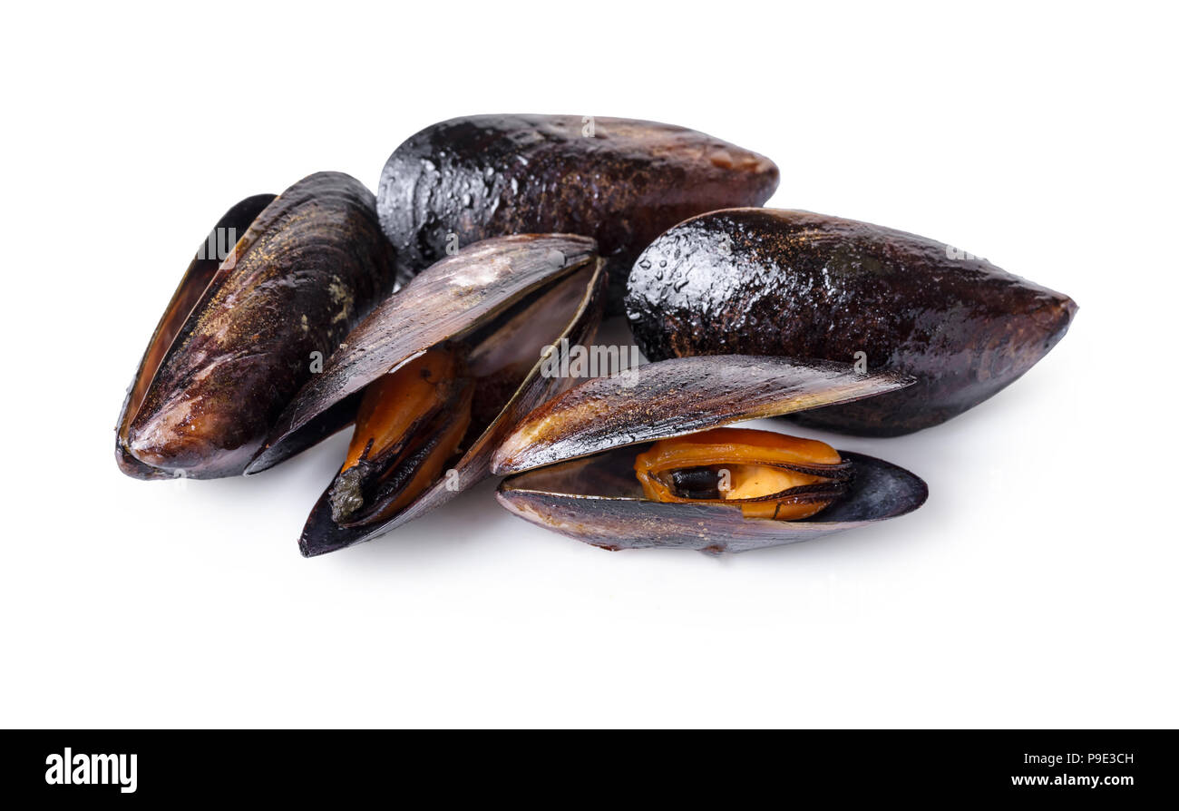 cooked mussels closeup on white isolated background Stock Photo Alamy