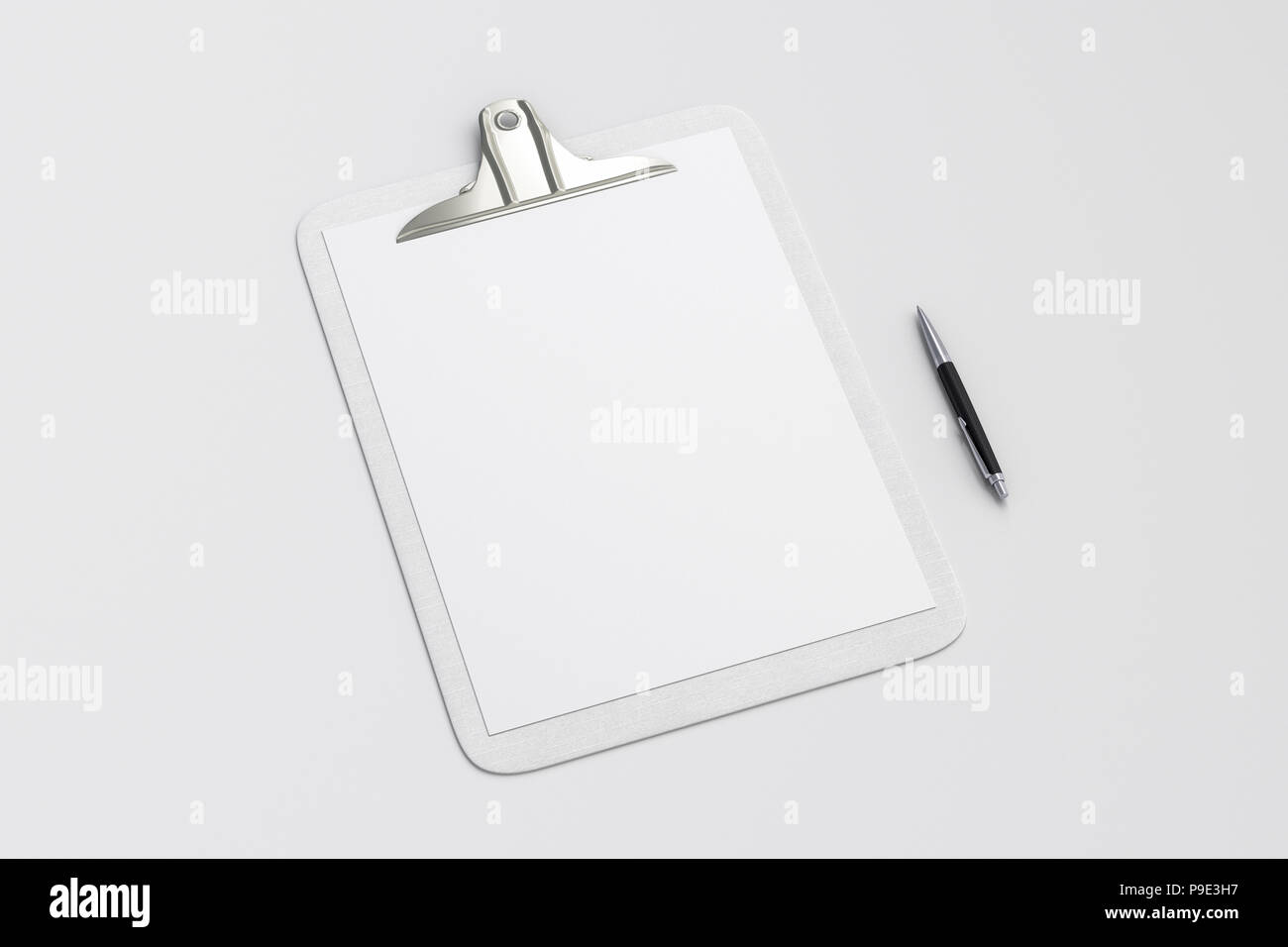 White clipboard with blank white paper pages and ball pen isolated on ...