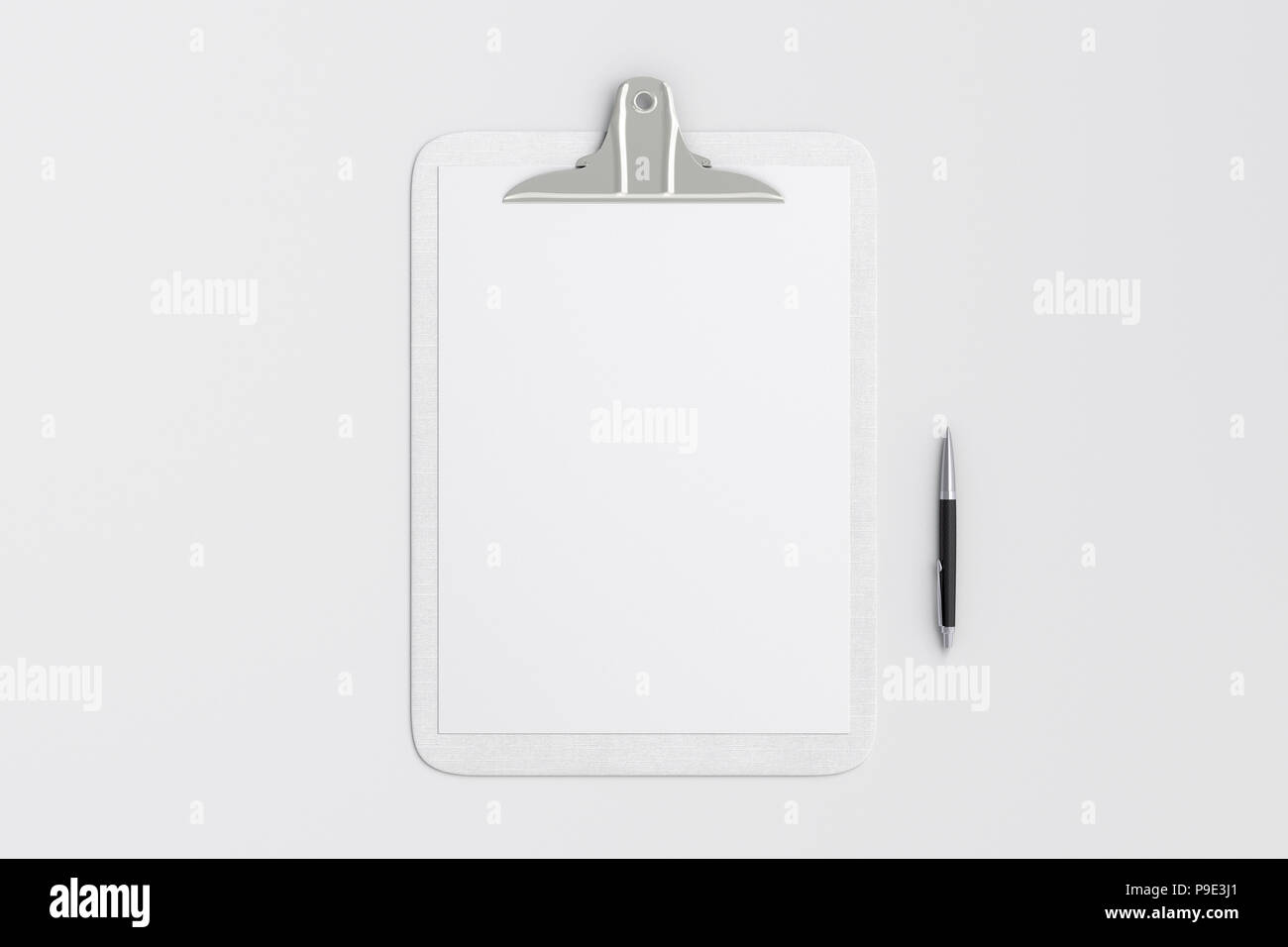 White clipboard with blank white paper pages and ball pen isolated on ...