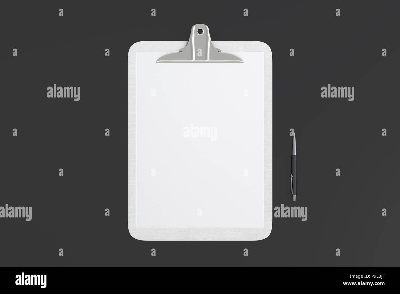 White clipboard with blank white paper pages and ball pen isolated on ...