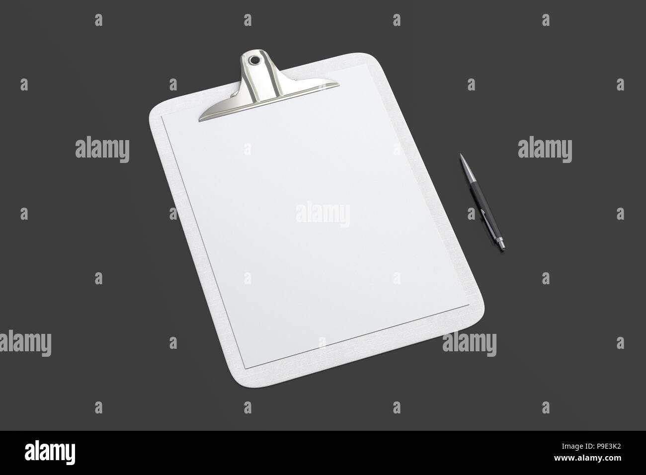 White clipboard with blank white paper pages and ball pen isolated on ...