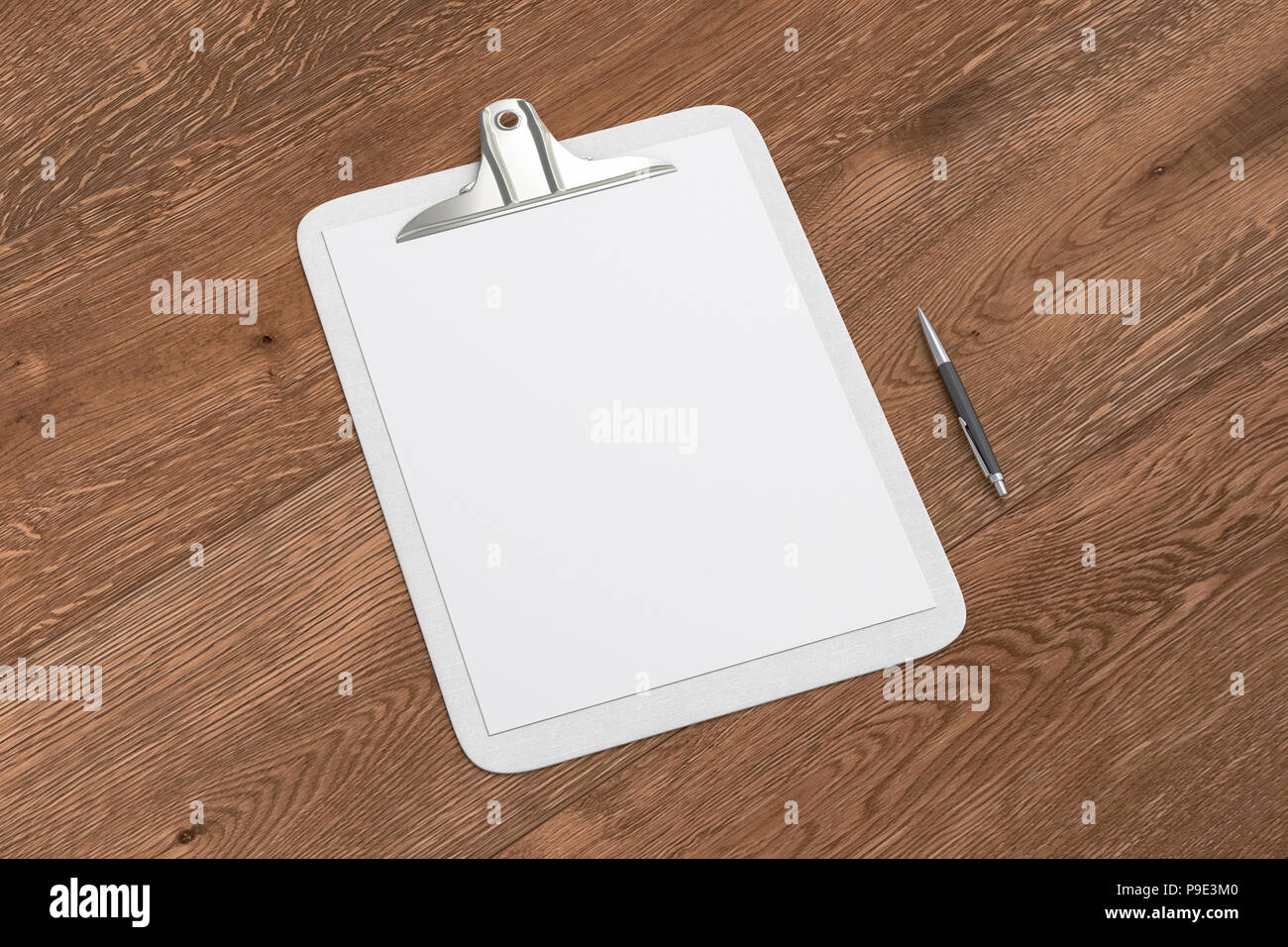 White clipboard with blank white paper pages and ball pen isolated on ...