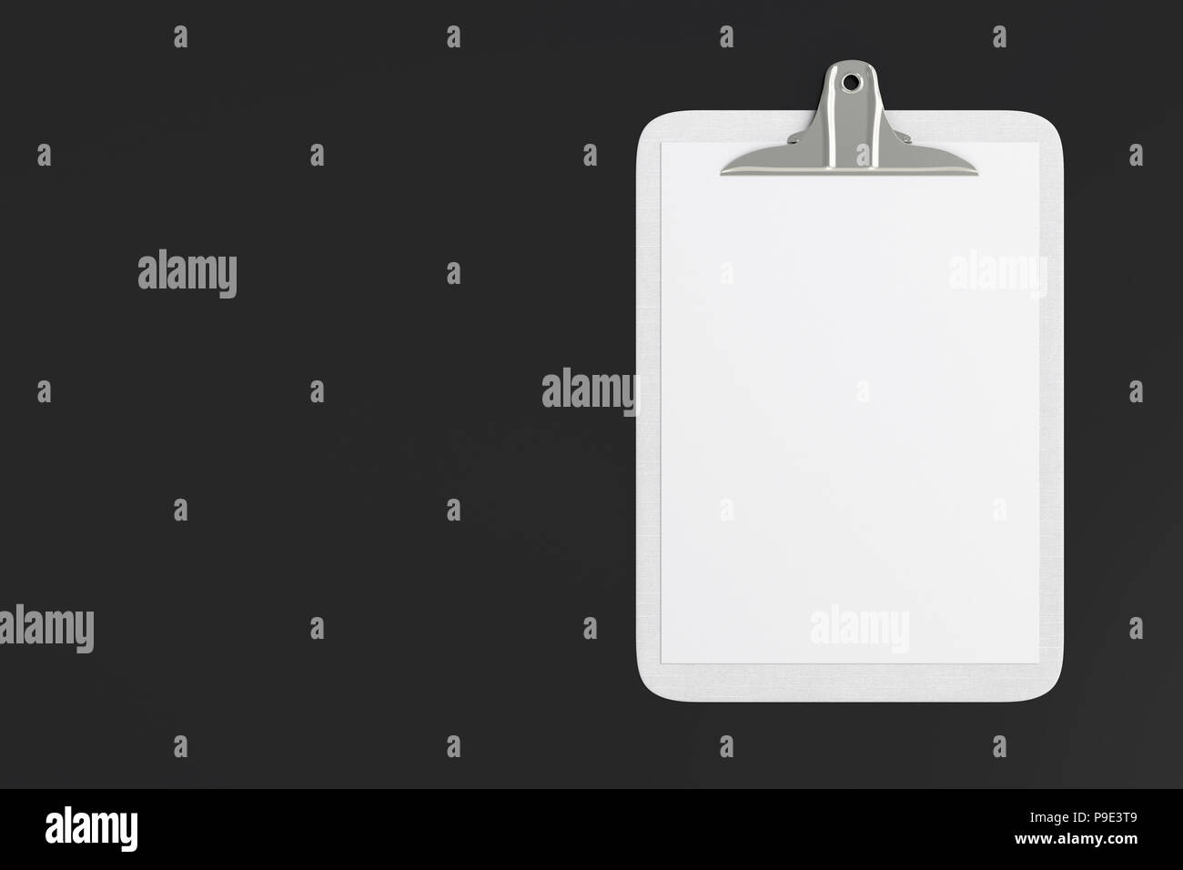 White clipboard with blank white paper pages isolated on black ...