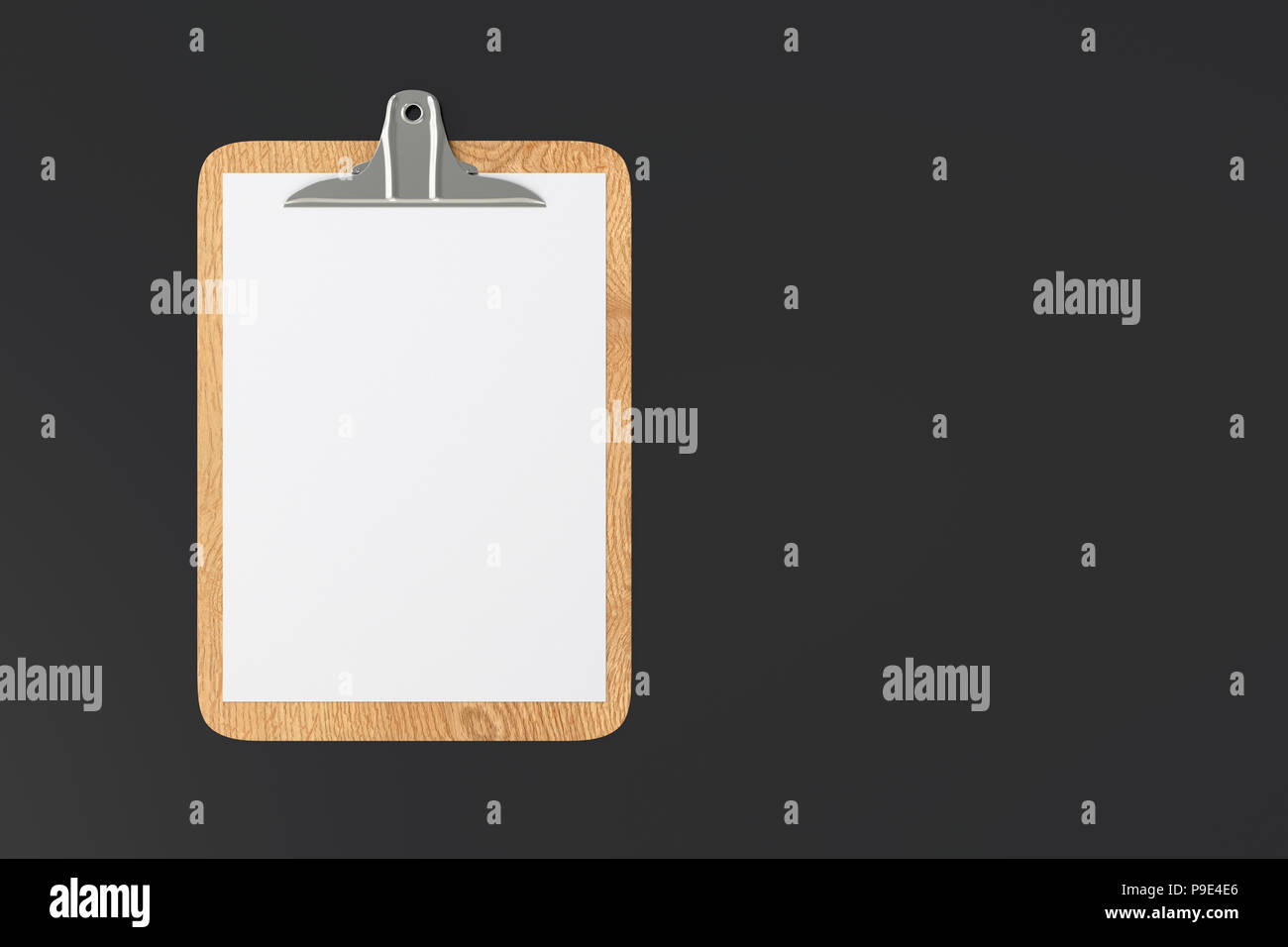 Wooden clipboard with blank white paper pages isolated on black ...