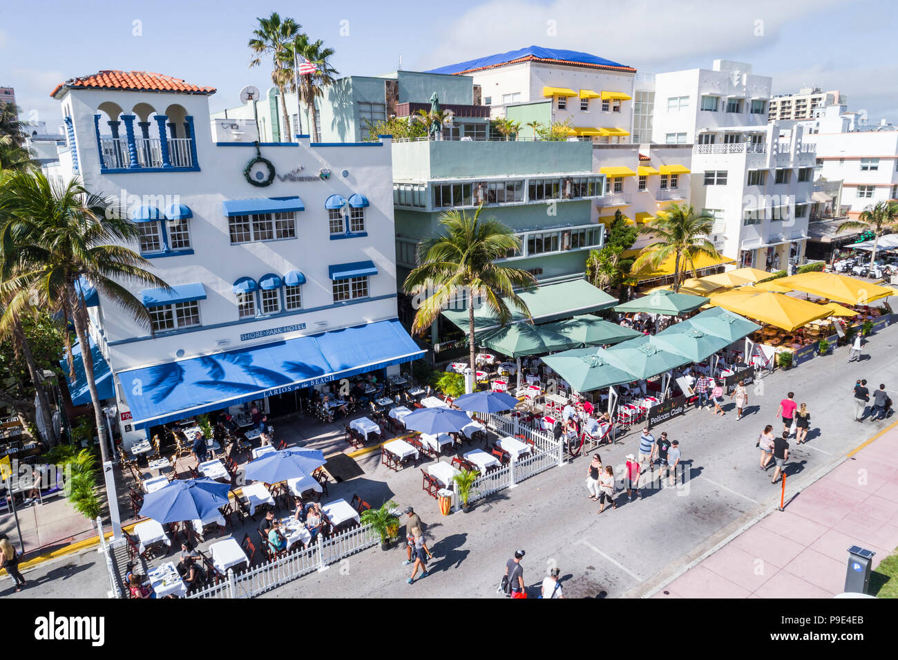 Miami Beach Florida,Ocean Drive,Shore-Park Pelican Casa Grande Suites,hotel,Larios on the Beach Kantian,restaurant restaurants food dining cafe cafes, Stock Photo