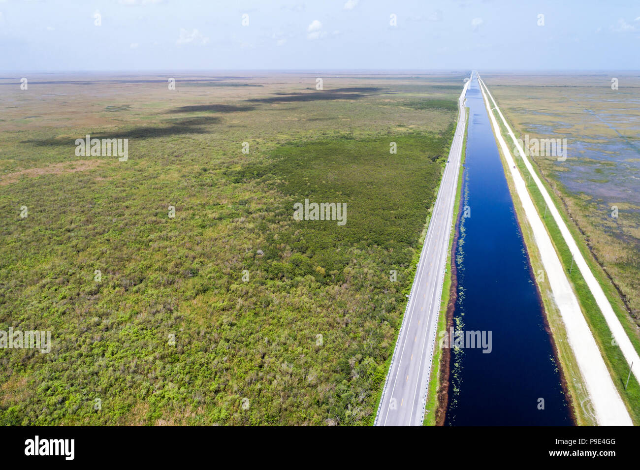 Miami Florida,Everglades National Park,Tamiami Trail US route 41 highway,canal,levee,water conservation area 3A,freshwater slough,aerial overhead view Stock Photo