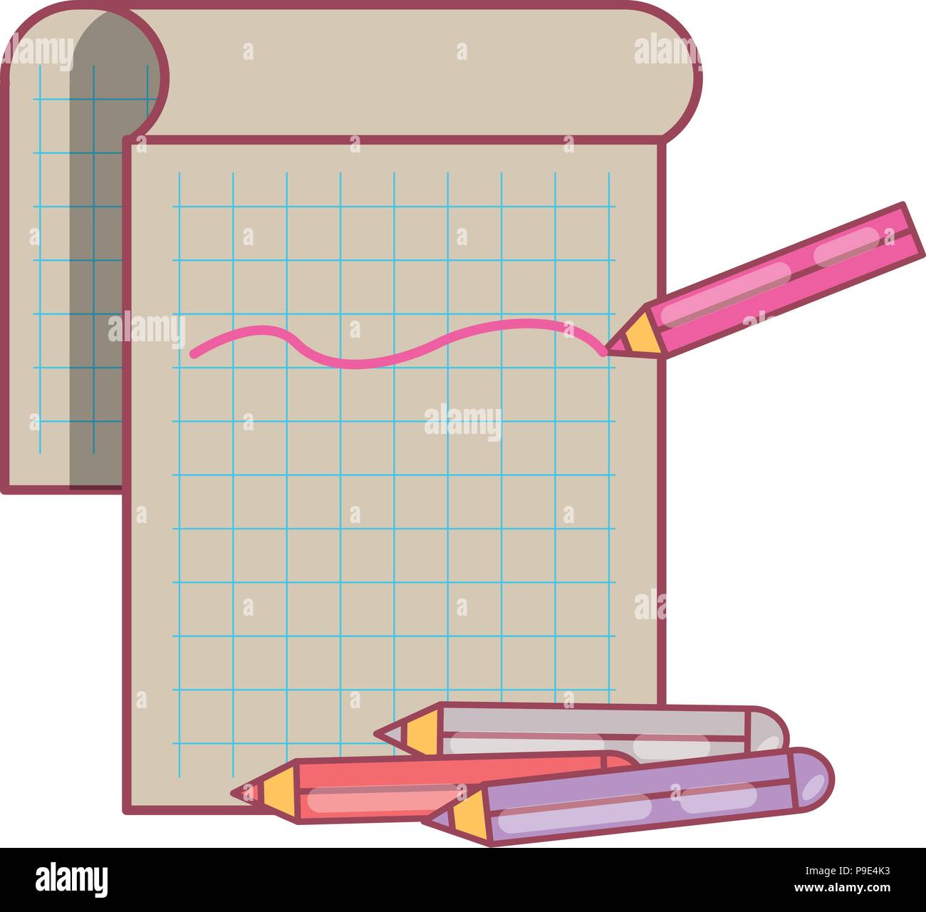 colored pencils and notepad icon over white background, vector ...