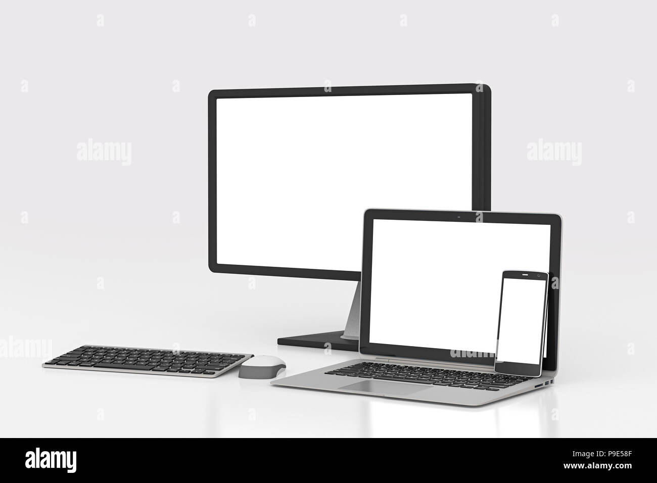 Blank screen desktop monitor, laptop and smartphone isolated on white background with clipping