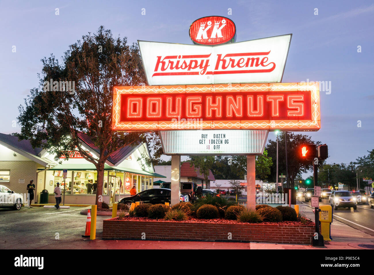 Gainesville Florida,Krispy Kreme Doughnuts neon sign night,coffeehouse