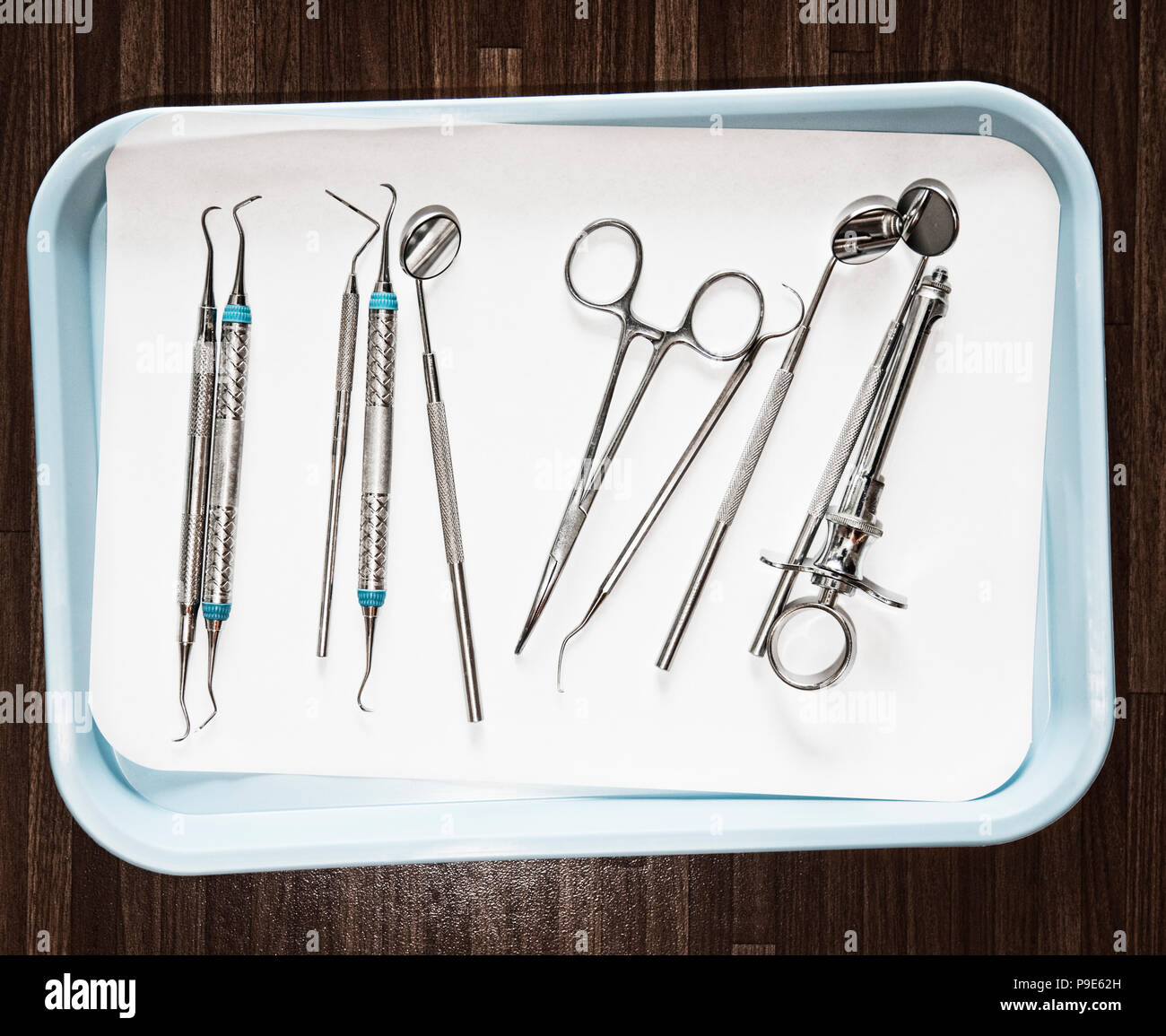 Closeup of medical tools on a tray in a dental surgery Stock Photo Alamy