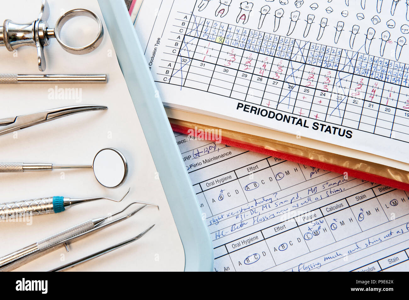 Closeup of dental tools and dental records in a dental office Stock