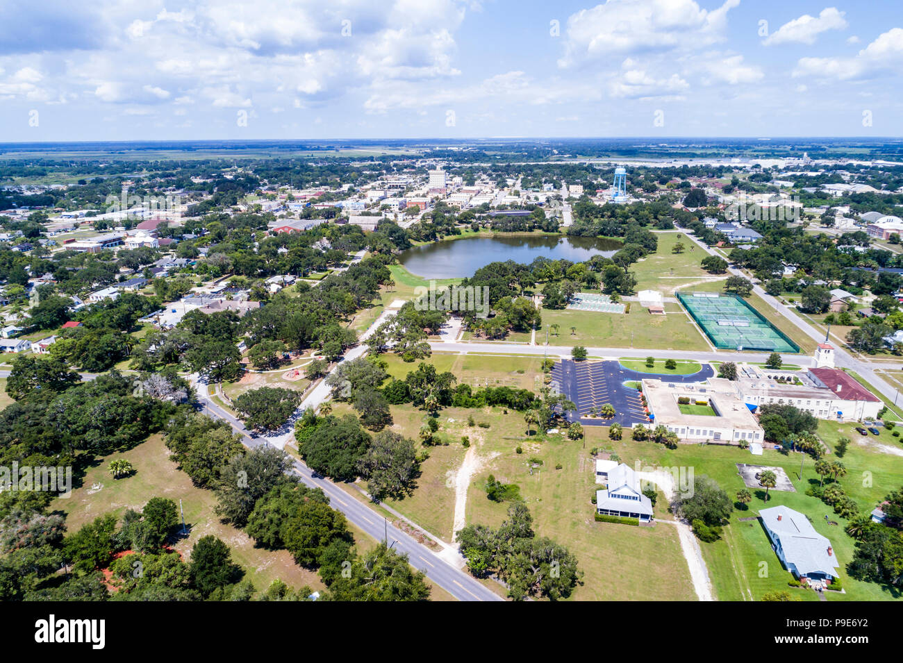 Lake Wales Florida,small city skyline,First United Methodist Church,Crystal Lake,aerial overhead view,FL18071152d Stock Photo
