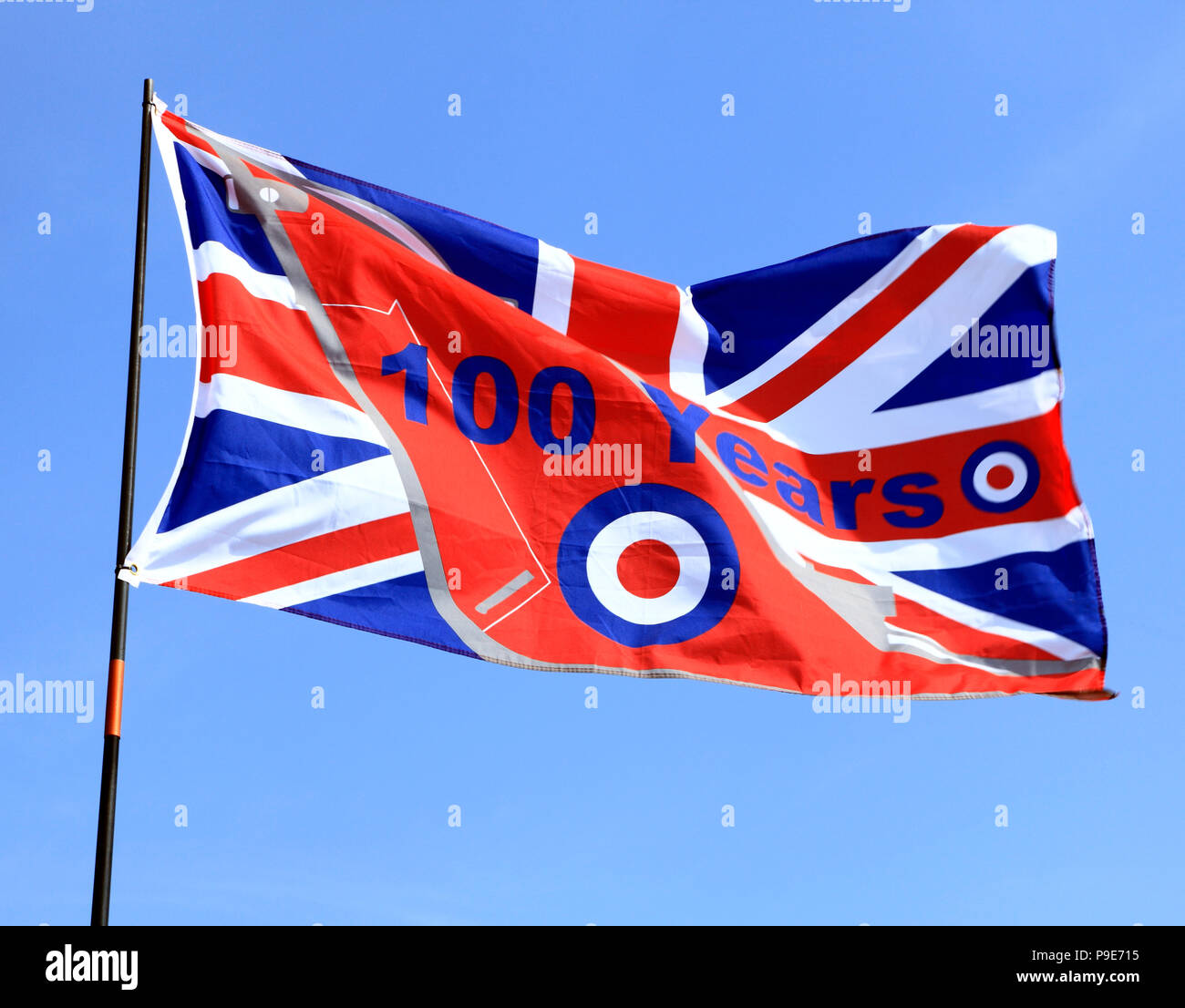 RAF, Royal Air Force, 100 Years, Centenary, commemorative flag, Union Jack, RAF logo Stock Photo