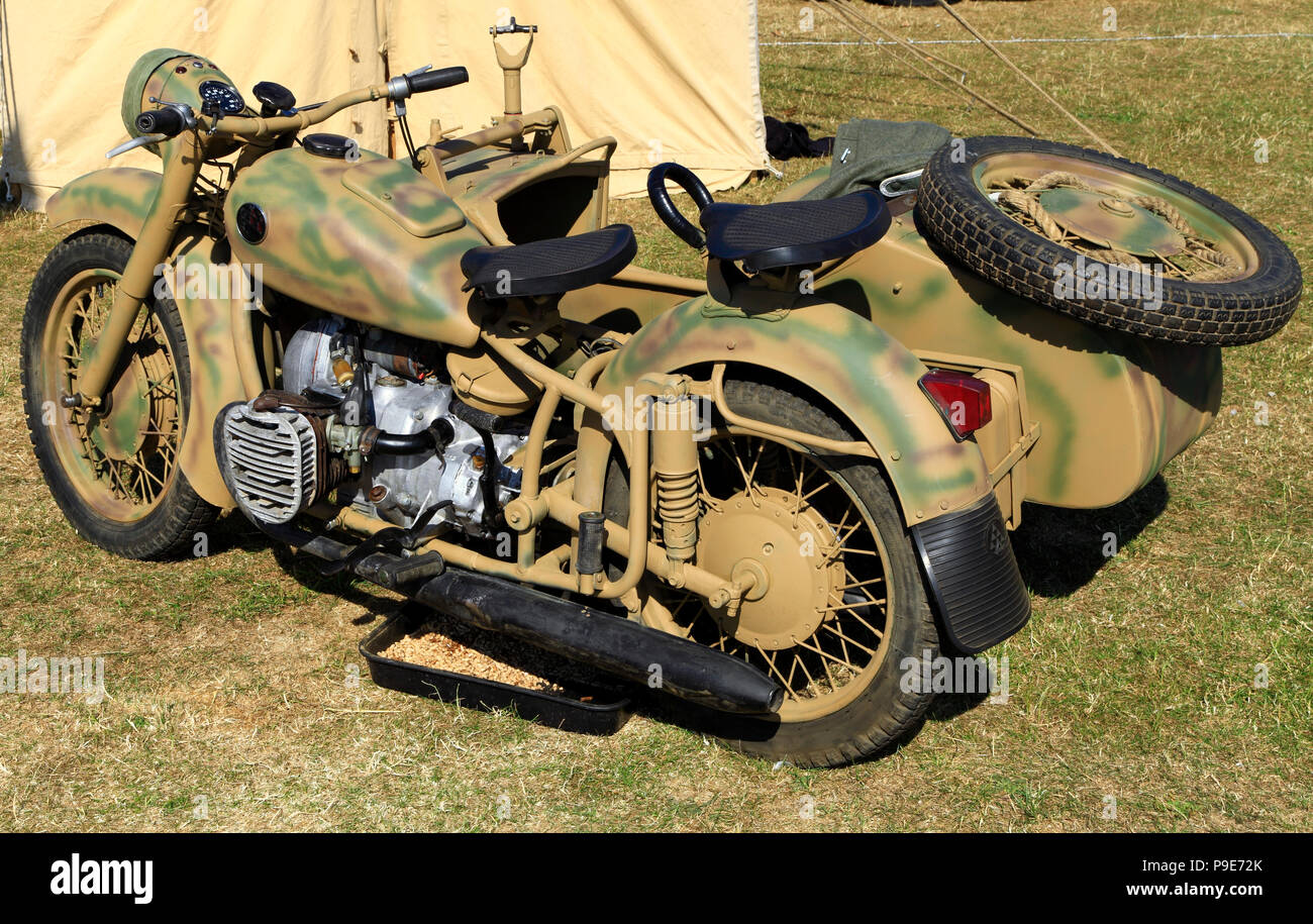 WW2 Motorcycle, sidecar, camouflage, camouflaged, 2nd World War, vehicle, Army Stock Photo