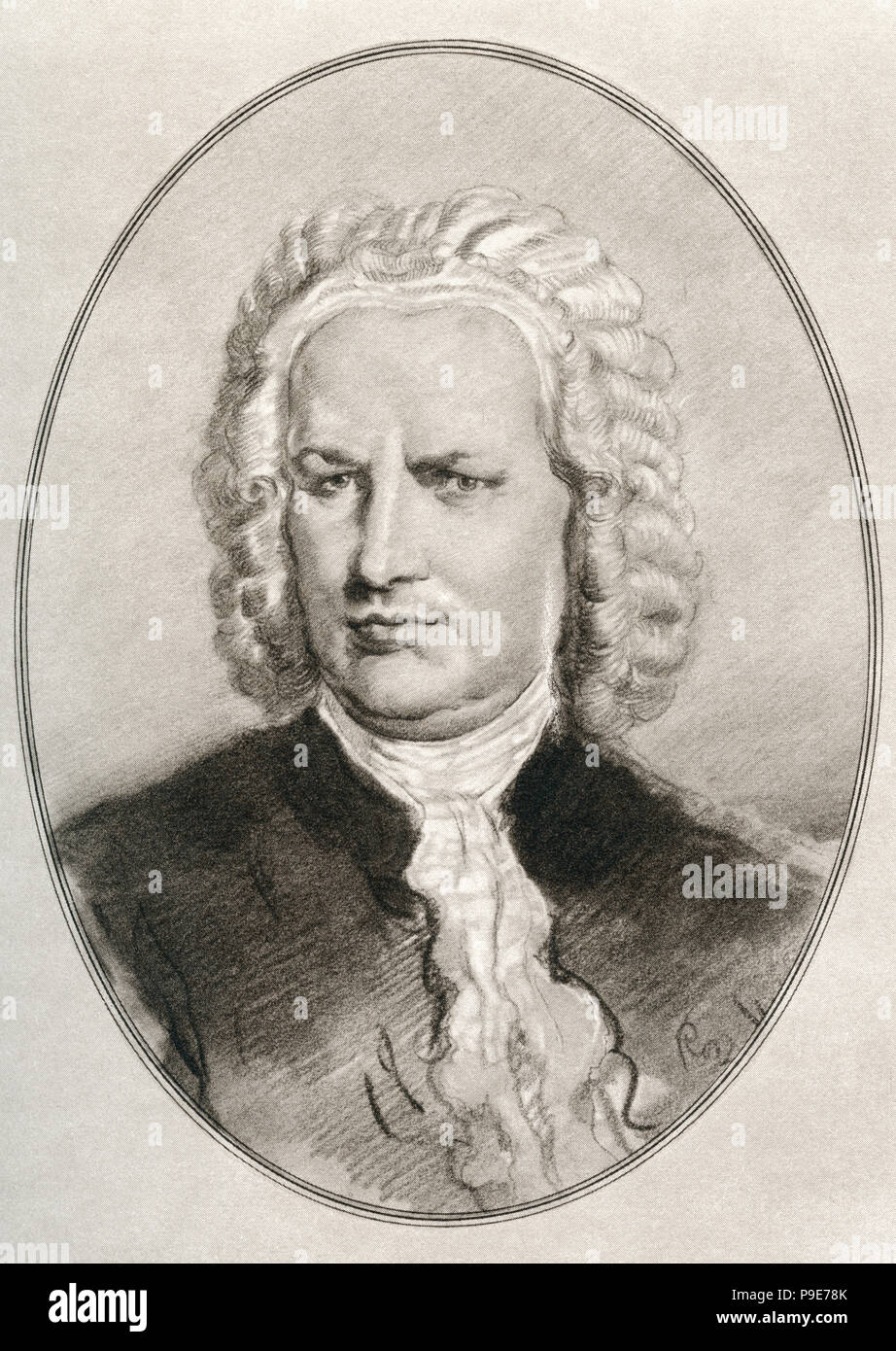 Johann Sebastian Bach, 1685 – 1750.  Composer and musician of the Baroque period.  Illustration by Gordon Ross, American artist and illustrator (1873-1946), from Living Biographies of Great Composers. Stock Photo