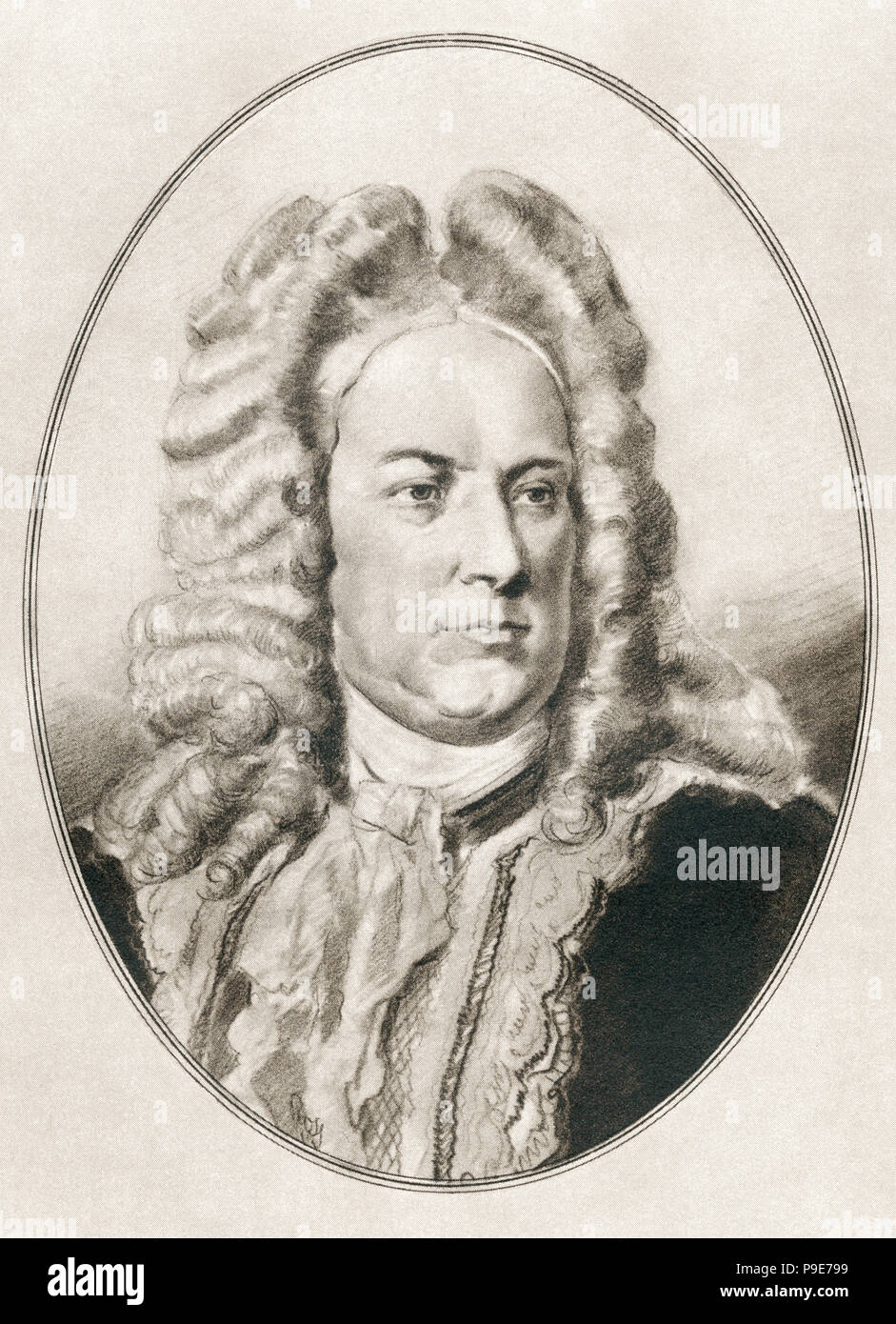 George Frideric or Frederick Handel, 1685 - 1759. German, later British, Baroque composer.  Illustration by Gordon Ross, American artist and illustrator (1873-1946), from Living Biographies of Great Composers. Stock Photo