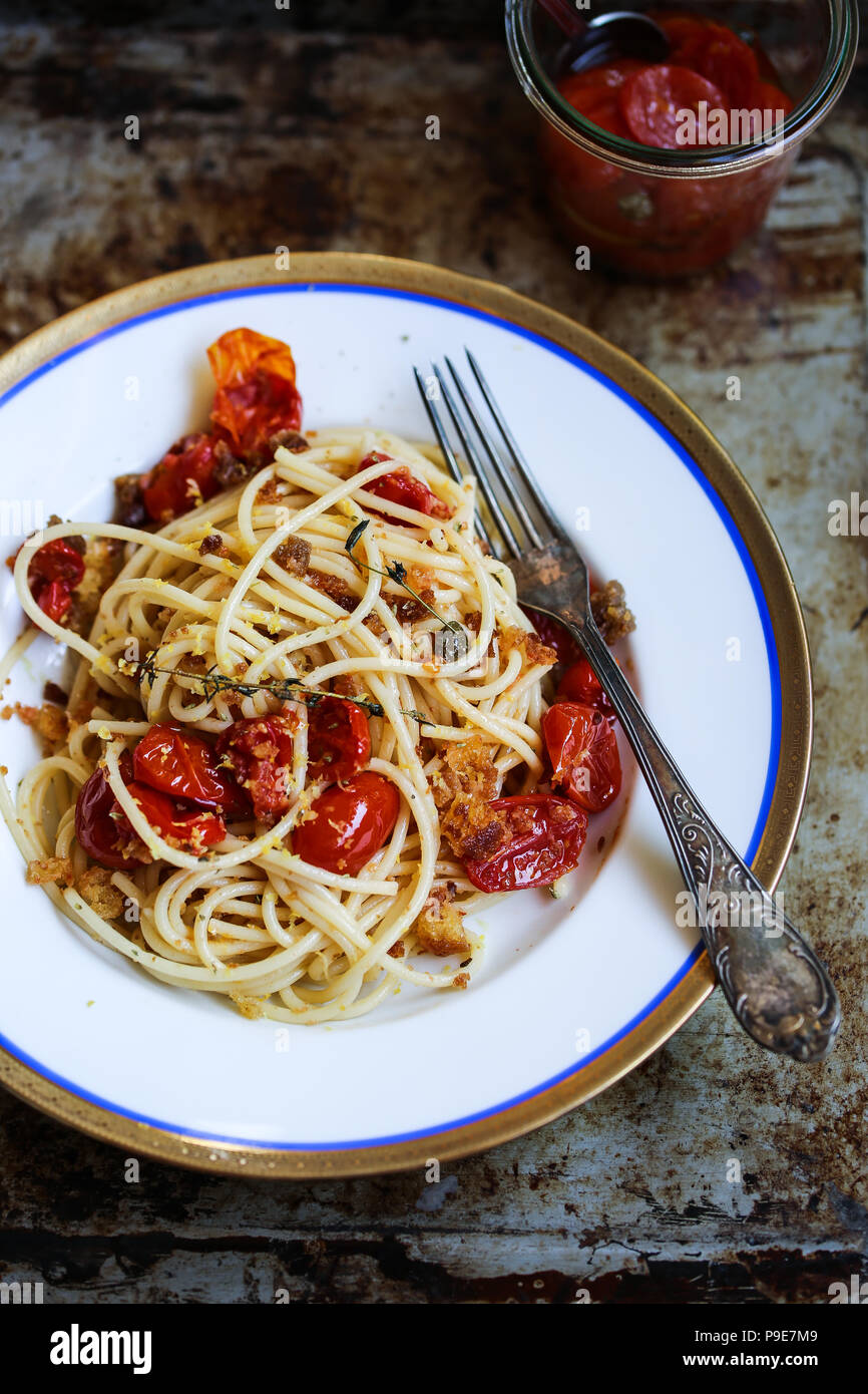 Roasted cherry tomatoes spaghetti. For a good health. Mediterranean