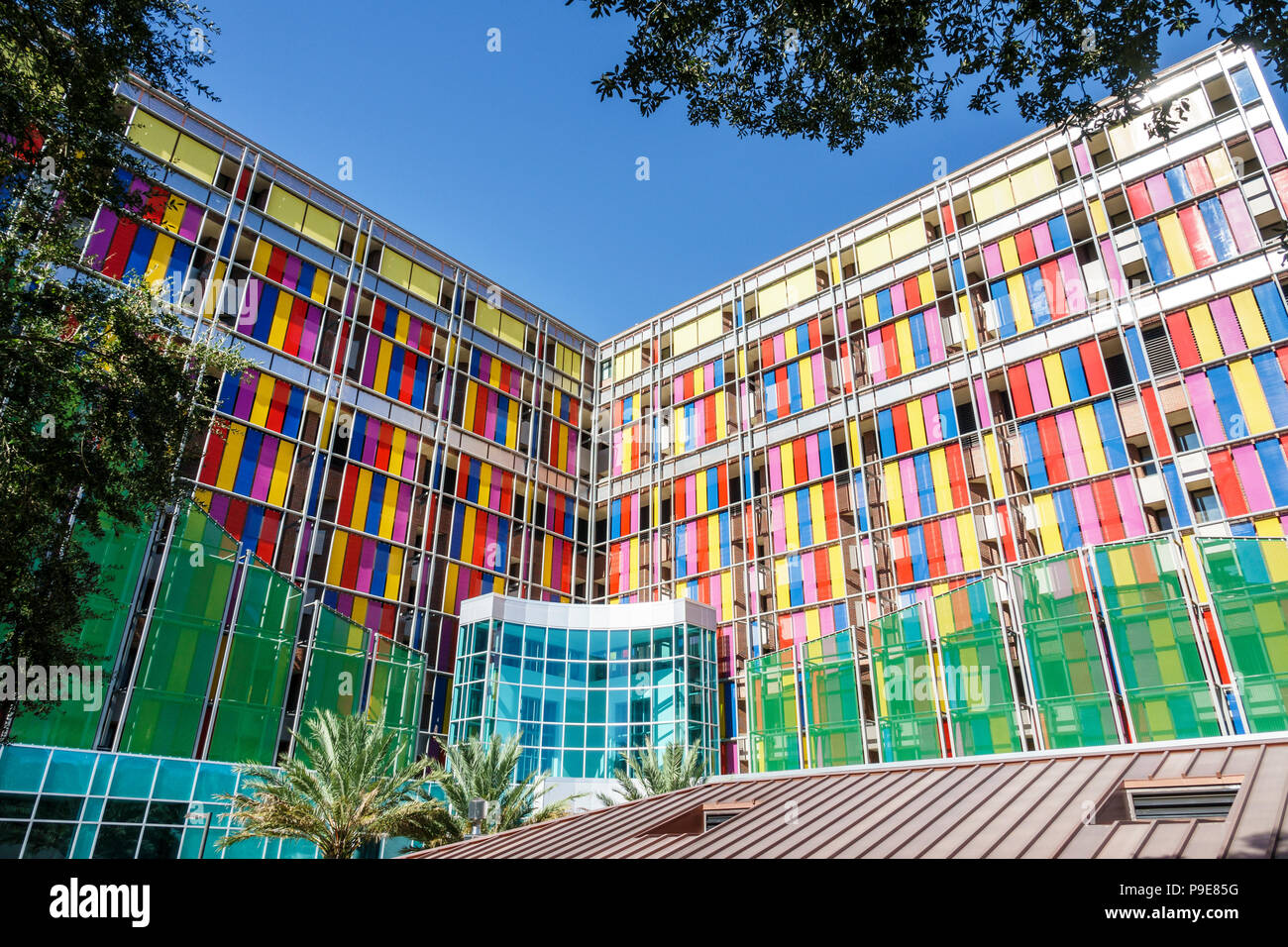 Gainesville Florida,University of Florida,campus,UF Health Shands Children’s Hospital,pediatric medicine center,exterior,colored glass,facade,child-fr Stock Photo