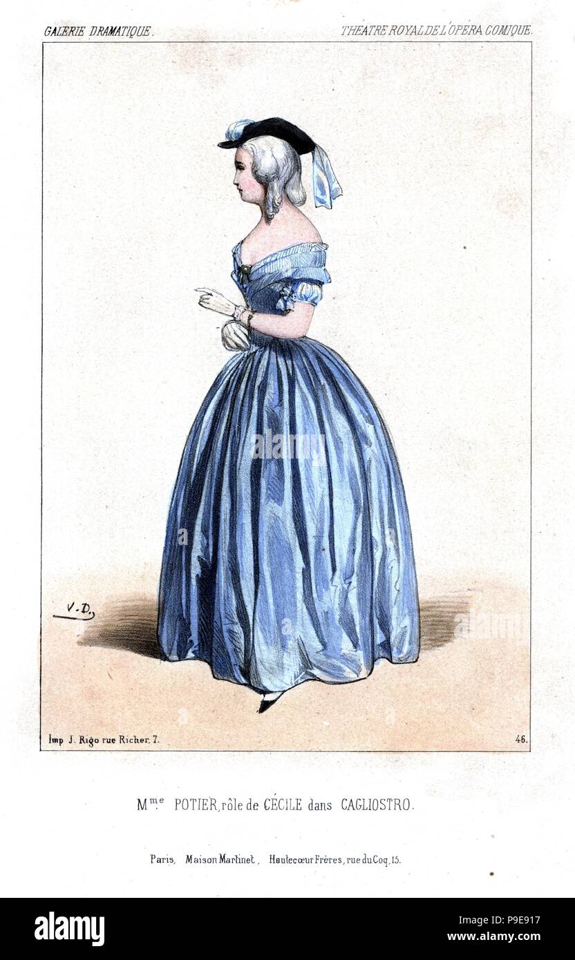Opera singer Anne Suzanne Potier as Cecile in Cagliostro by Eugene Scribe, Theatre Royale de l'Opera Comique, 1844. Handcoloured lithograph after an illustration by Victor Dollet from Galerie Dramatique: Costumes des Theatres de Paris, Paris, 1844. Stock Photo