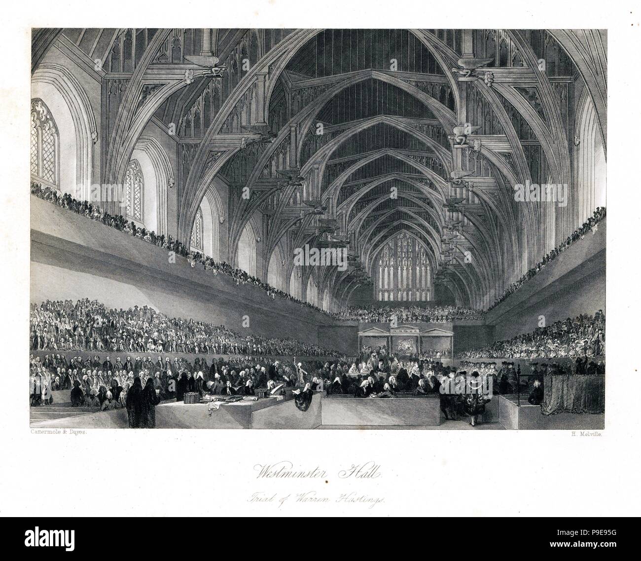 Impeachment of Governor General of India Warren Hastings in Westminster Hall. The trial began in 1788, and Hastings was finally acquitted in 1795. Steel engraving by Henry Melville after an illustration by George Cattermole and Edward Dayes from London Interiors, Their Costumes and Ceremonies, Joshua Mead, London, 1841. Stock Photo