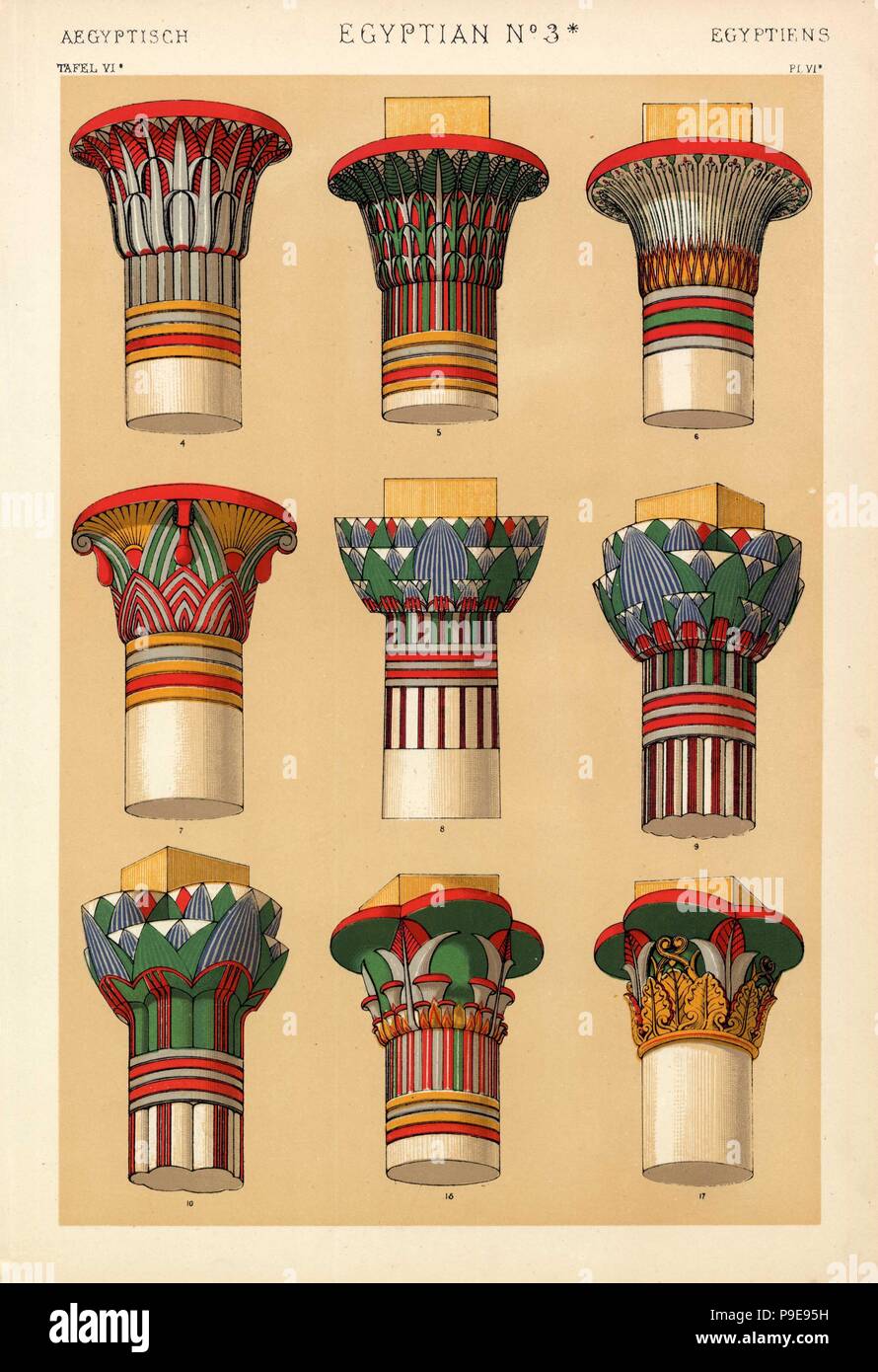 Egyptian ornaments to capitals of columns showing lotus and papyrus leaves.  Capitals from the Temple at Thebes Oasis 4,7,10, Portico at Edfu 5, Philae  Island Temple 6,11, Philae Island Colonnade 8,9, and