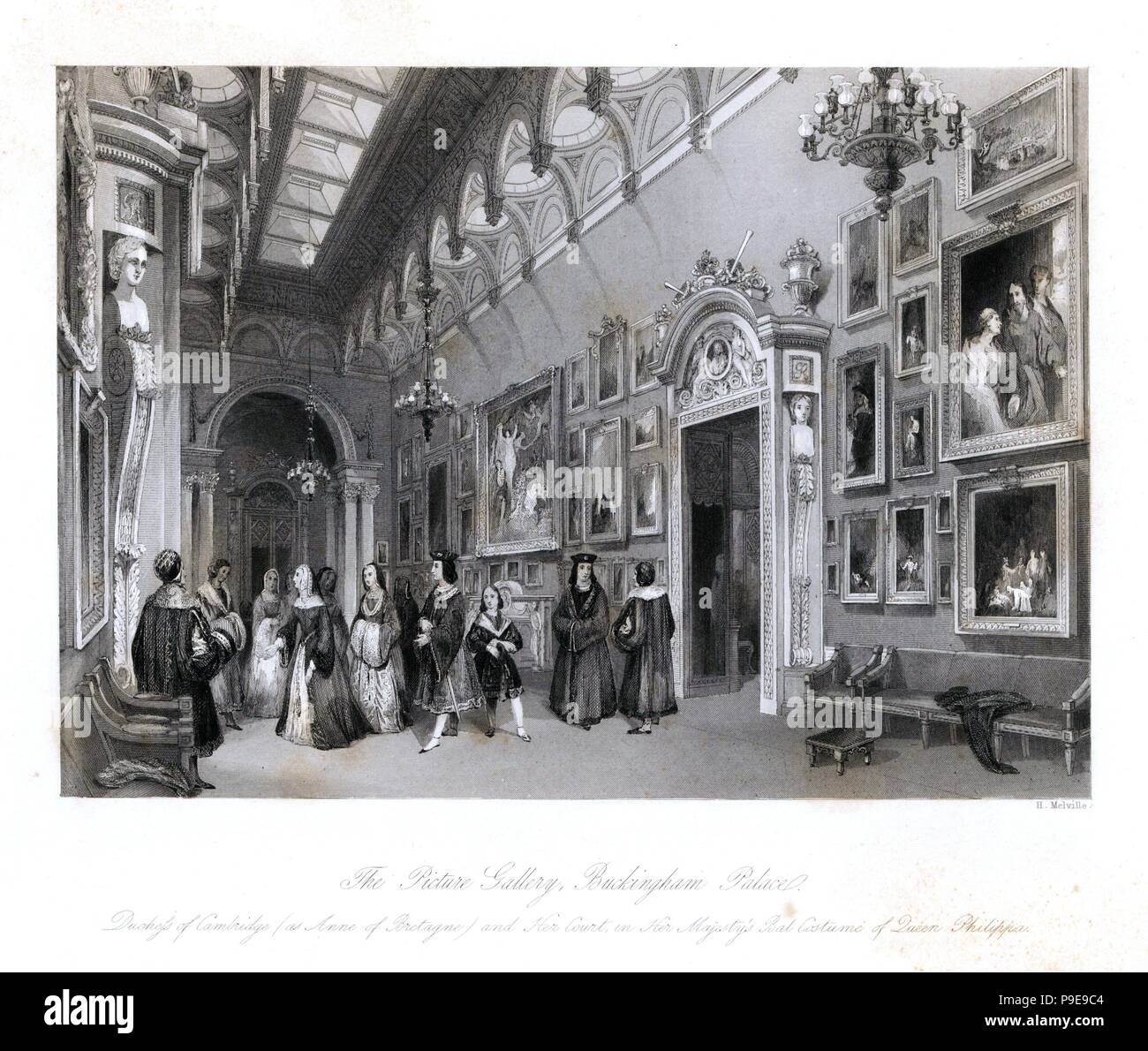 Fancy dress ball in the Picture Gallery, Buckingham Palace. The Duchess of Cambridge as Anne of Bretagne with her court at Queen Victoria's Bal Costume of Queen Philippa, May 12, 1842. Steel engraving by Henry Melville from London Interiors, Their Costumes and Ceremonies, Joshua Mead, London, 1841. Stock Photo