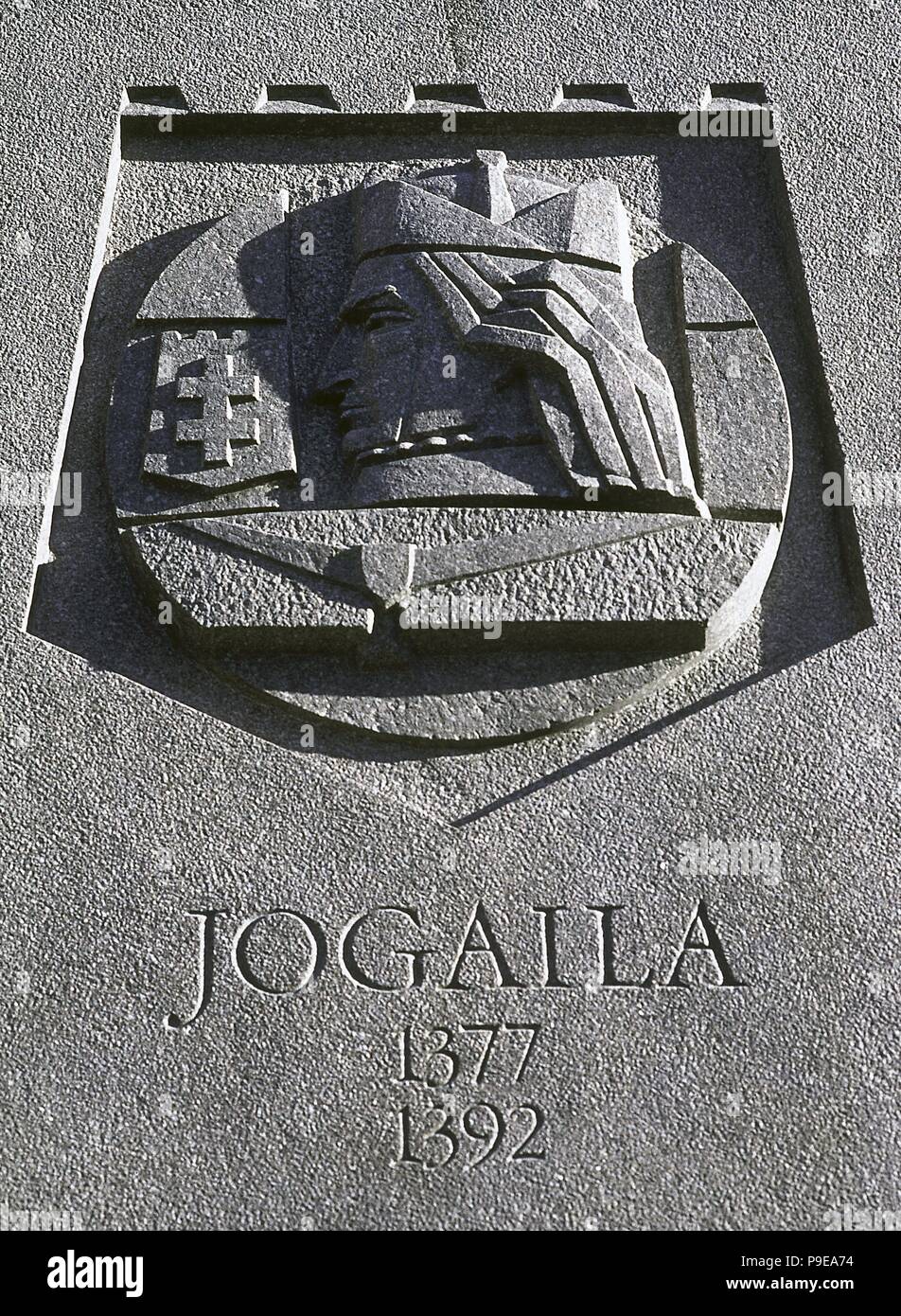 Jogaila (Vilna, c. 1353-Grodek, 1434). King of Lithuania (1377-1392). Grand Duke of Lithuania (1377-1434) and the king of Poland (1386-1434). Jagiellon dynasty. He born a pagan, in 1386 he converted to Catholicism and was baptized as Wladyslaw in Krakow. Relief at the base of the monument of the Grand Duke Gediminas. Vilna, Lithuania. Stock Photo